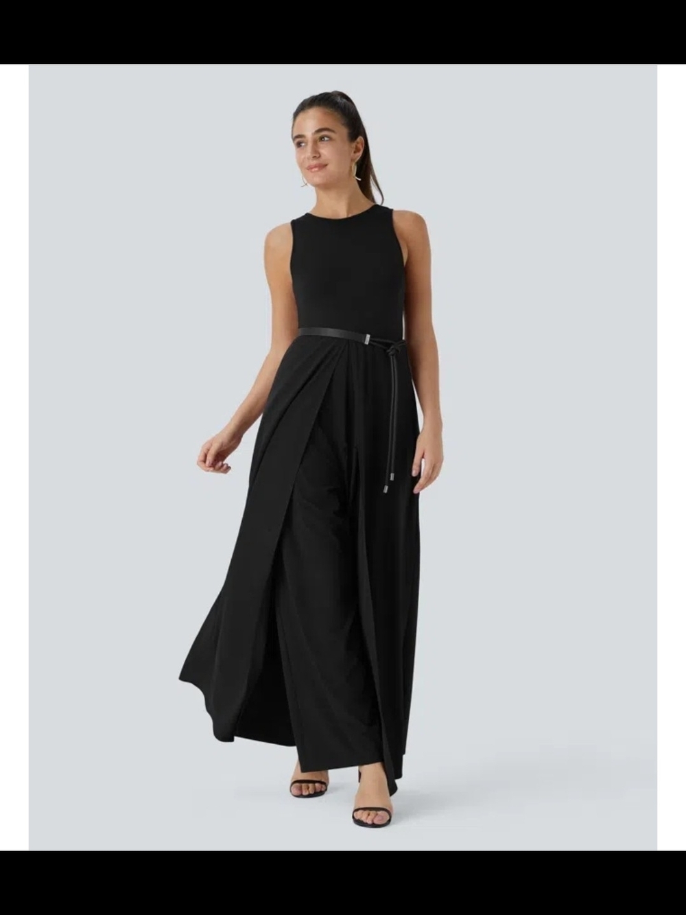 HALARA Black Sleeveless Jumpsuit with Draped Overlay